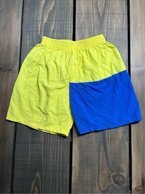 Vintage 80’s Style Buster Brown Yellow and Blue Colorblock Swim Shorts
